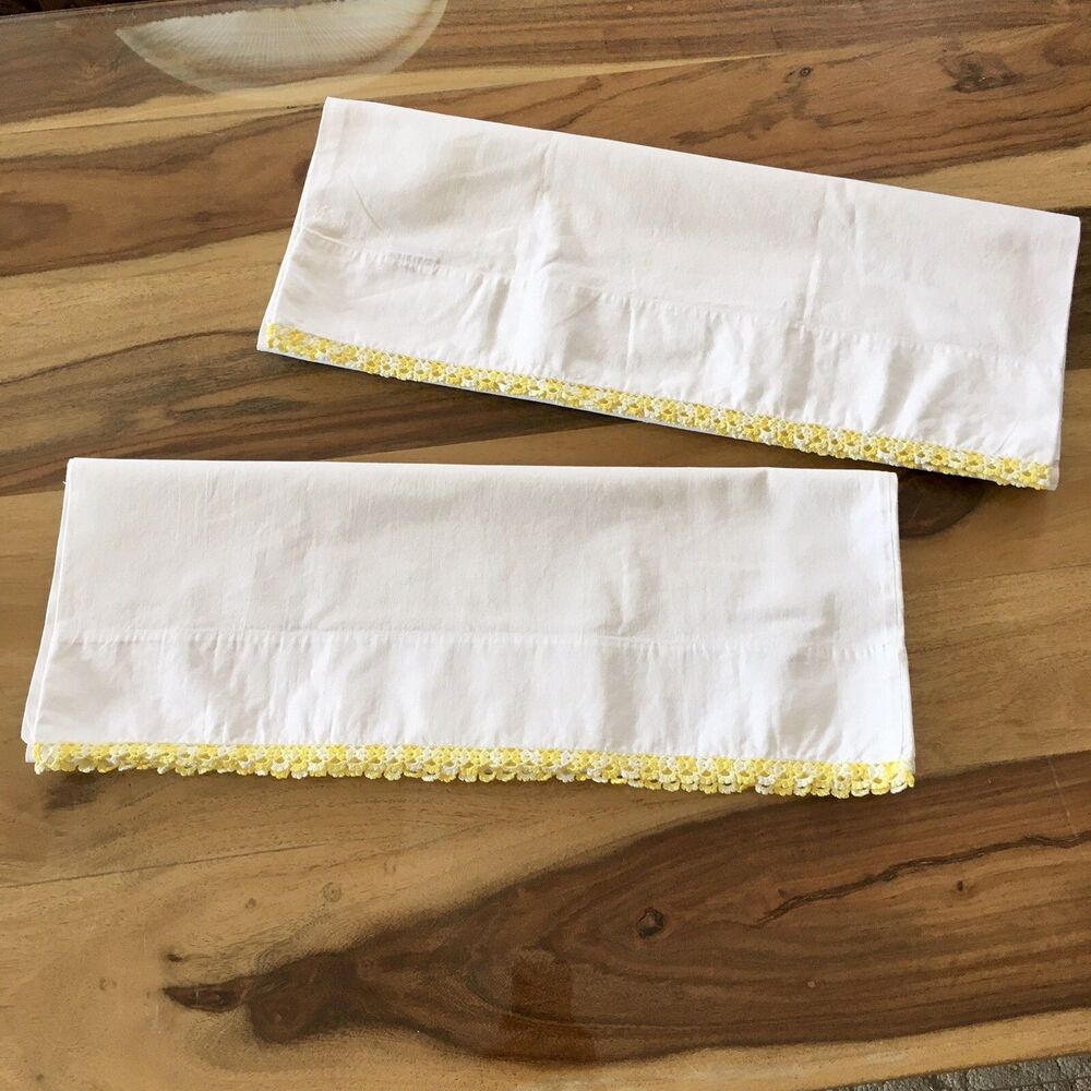 Standard Size Pillow Case set with Yellow hand crocheted trim vintage